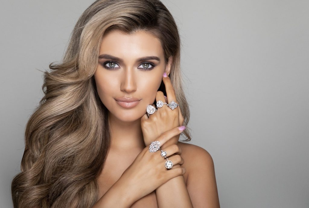 Model wearing Isaac diamond engagement rings