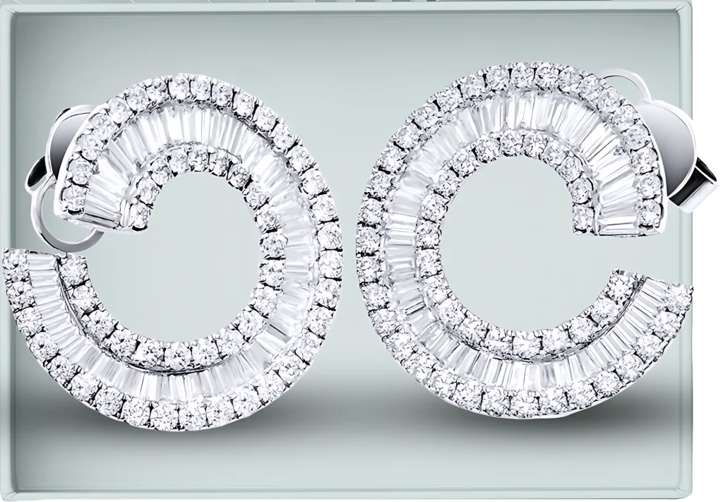 Open-circle earrings of baguette and round brilliant diamonds